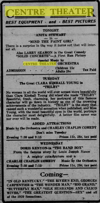 Centre Theater - Jun 14 1920 Ad